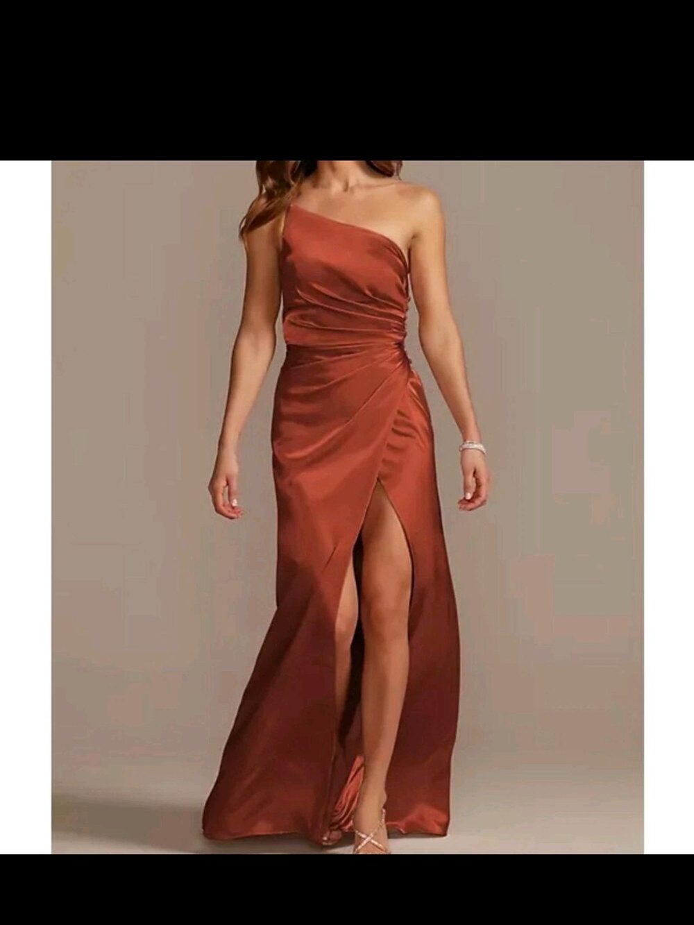 One-Shoulder Copper Satin Evening Dress with High Slit